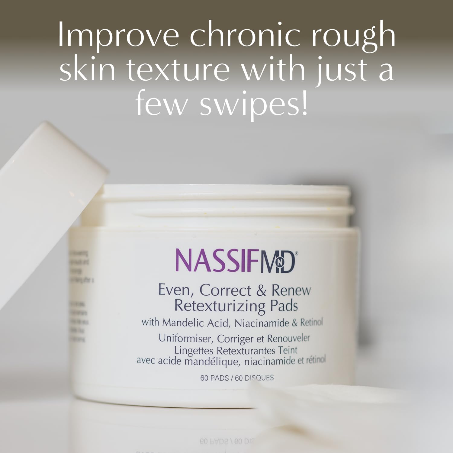 Close-up of NassifMD pad jar highlighting ingredients and gentle exfoliation benefits
