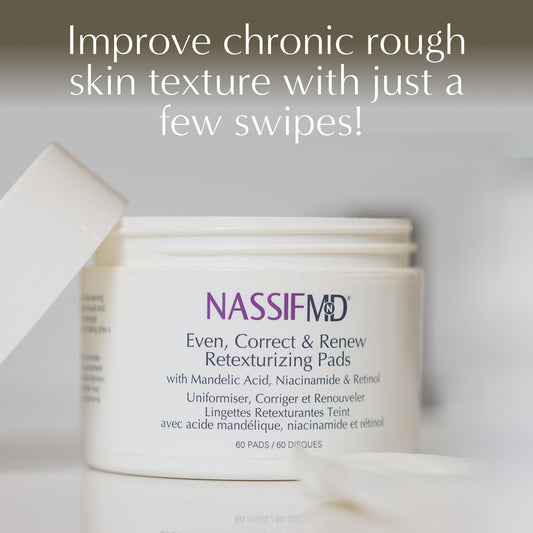 Close-up of NassifMD pad jar highlighting ingredients and gentle exfoliation benefits