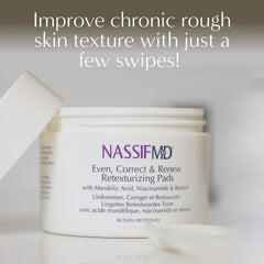 Close-up of NassifMD pad jar highlighting ingredients and gentle exfoliation benefits