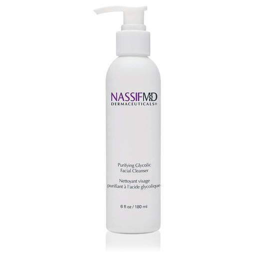 NassifMD glycolic face wash bottle promotes gentle cleansing and skin renewal.