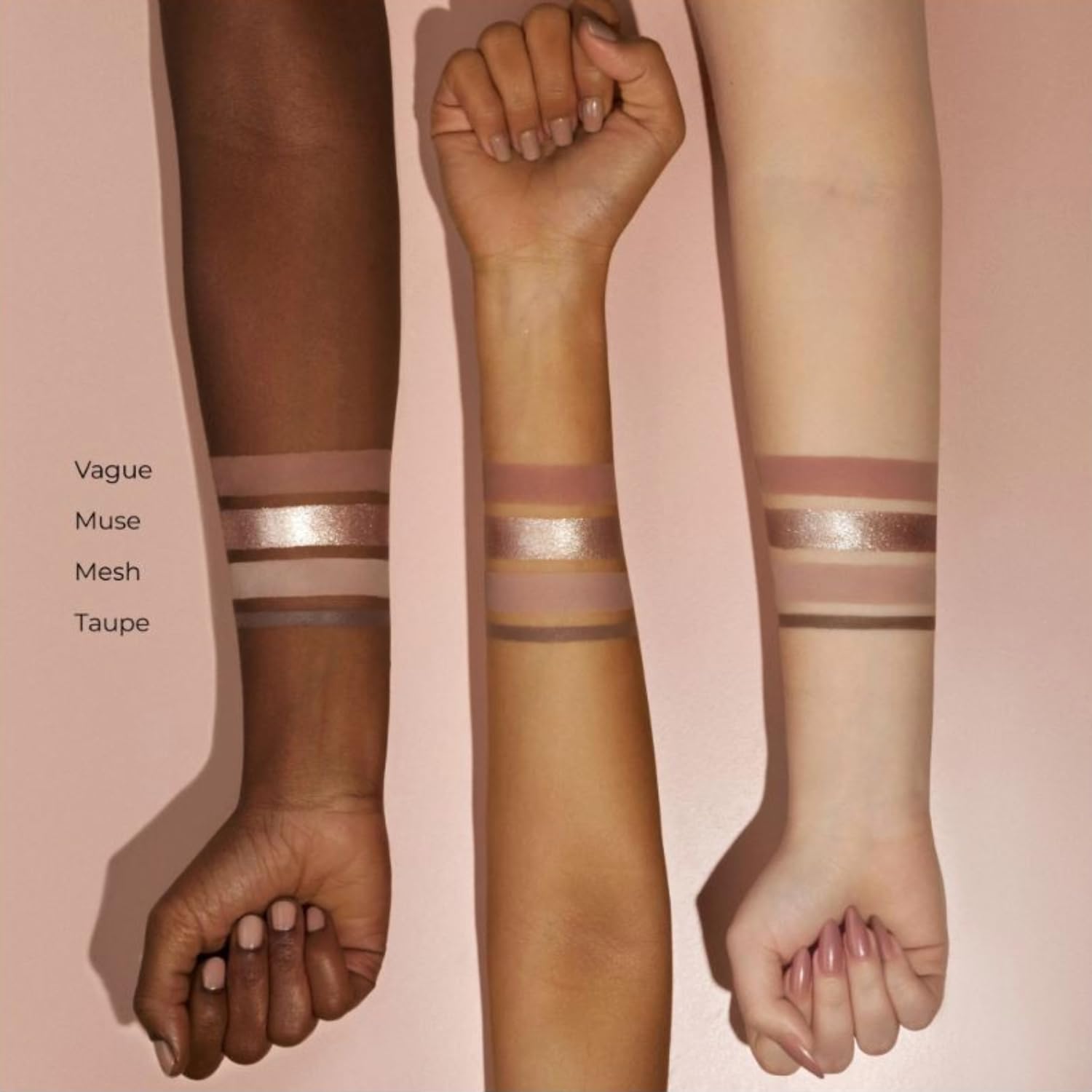 Natasha Denona Baby I Need A Nude Kit palette swatches Muse, Vague, Mesh for versatile nude looks.