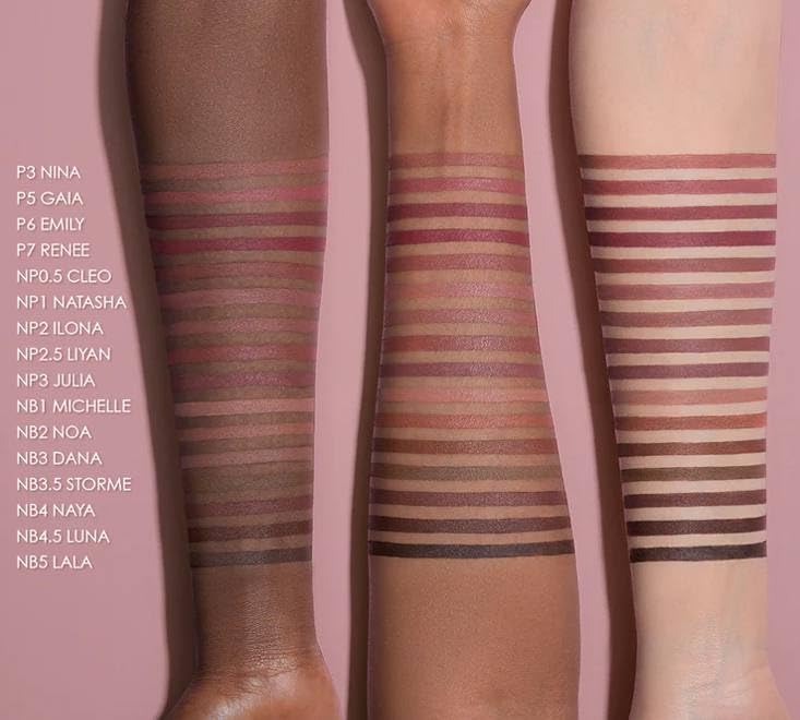 Natasha Denona Need A Nude Lip Crayon P3 Nina wear test with soft, defined look.