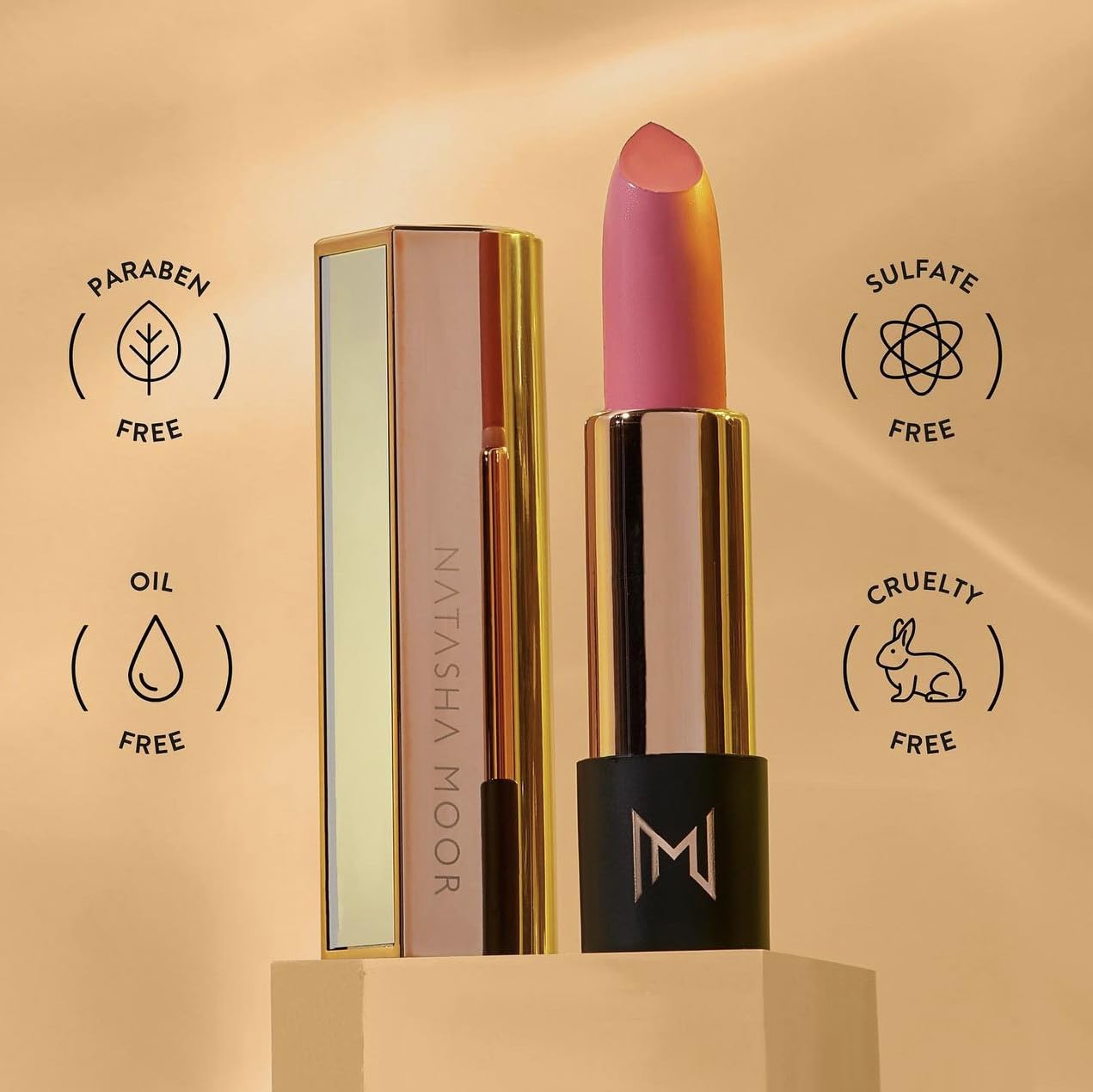 Natasha Moor Silk Suede lipstick offers long-wearing waterproof color.