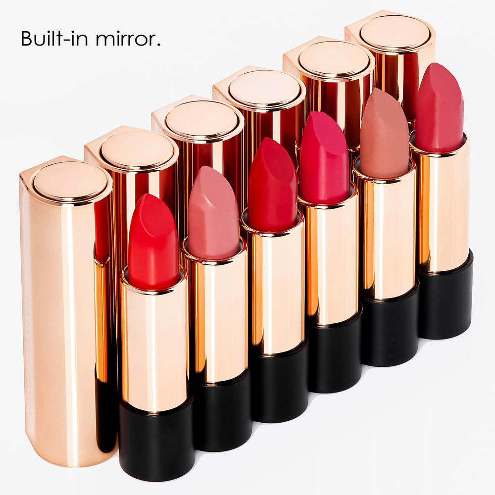 Natasha Moor Silk Suede lipstick delivers waterproof, pigmented color with lasting comfort.