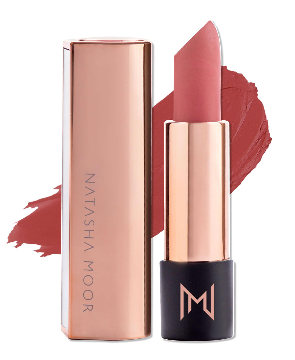Natasha Moor Silk Suede lipstick with push-button release for quick on-the-go application.