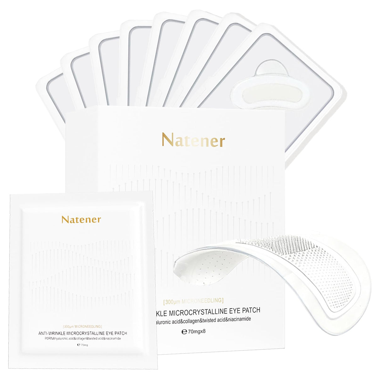 Natener PDRN micro eye patches close-up on skin for precise adhesion.