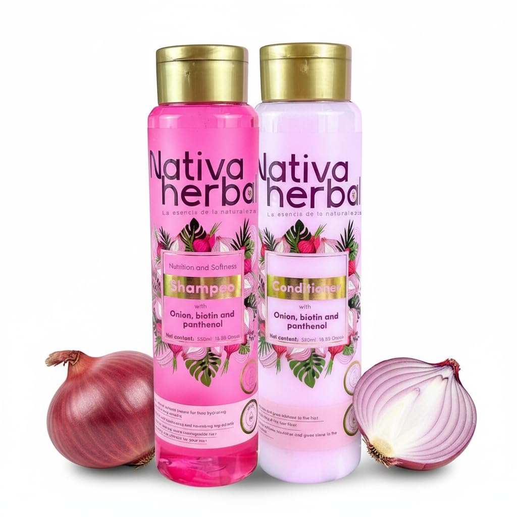Nativa Herbal Onion Shampoo bottle shows rich lather for daily cleansing