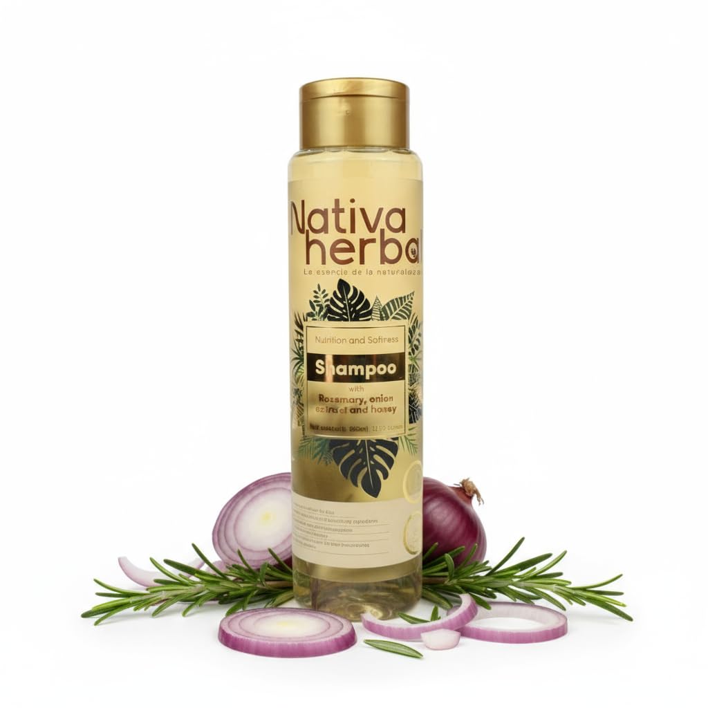 Nativa Herbal Rosemary & Onion Shampoo bottle showing root-strengthening potential and cleansing action.