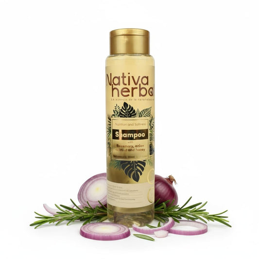 Nativa Herbal Rosemary & Onion Shampoo bottle showing root-strengthening potential and cleansing action.