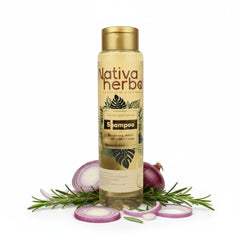 Nativa Herbal Rosemary & Onion Shampoo bottle showing root-strengthening potential and cleansing action.