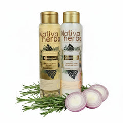 Nativa Herbal rosemary-onion shampoo bottle for stronger roots and shine.