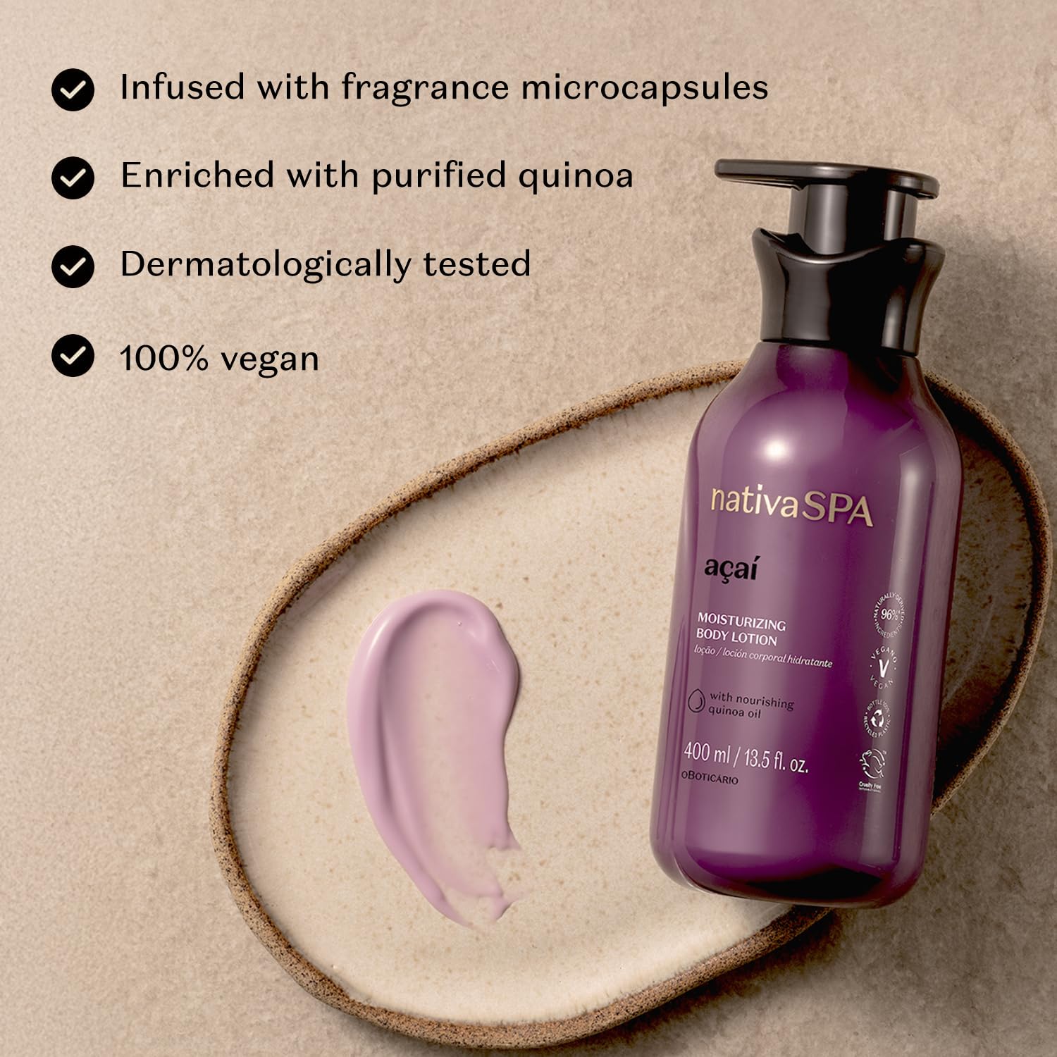 Nativa Spa Acai moisturizing lotion applied to skin for a soft, light finish.