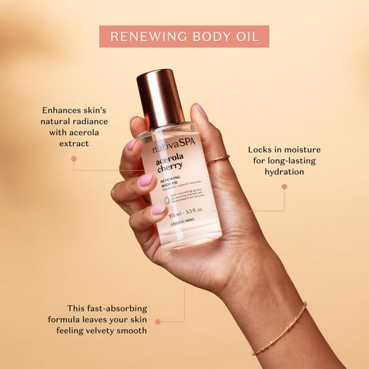 NATIVA SPA Acerola Cherry Renewing Body Oil being poured to show quick-absorb texture.