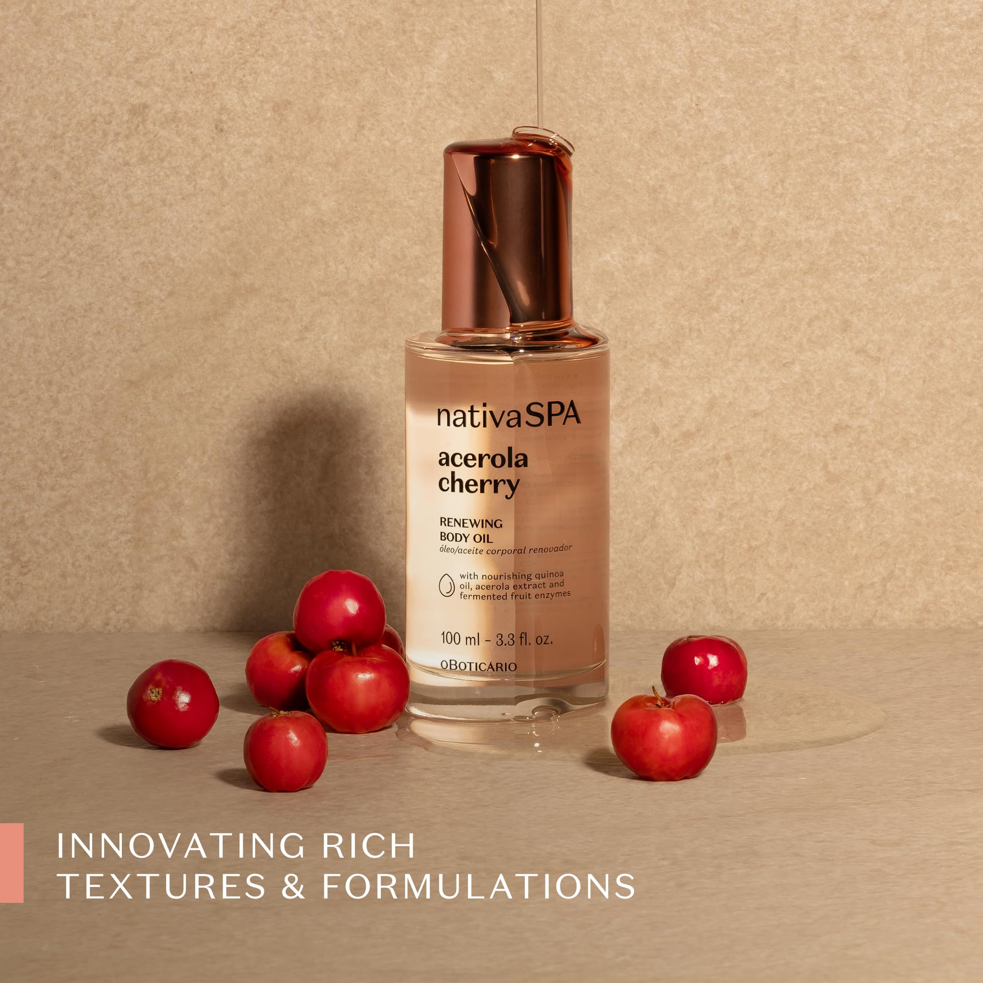 NATIVA SPA Acerola Cherry Renewing Body Oil glows on the skin after application.