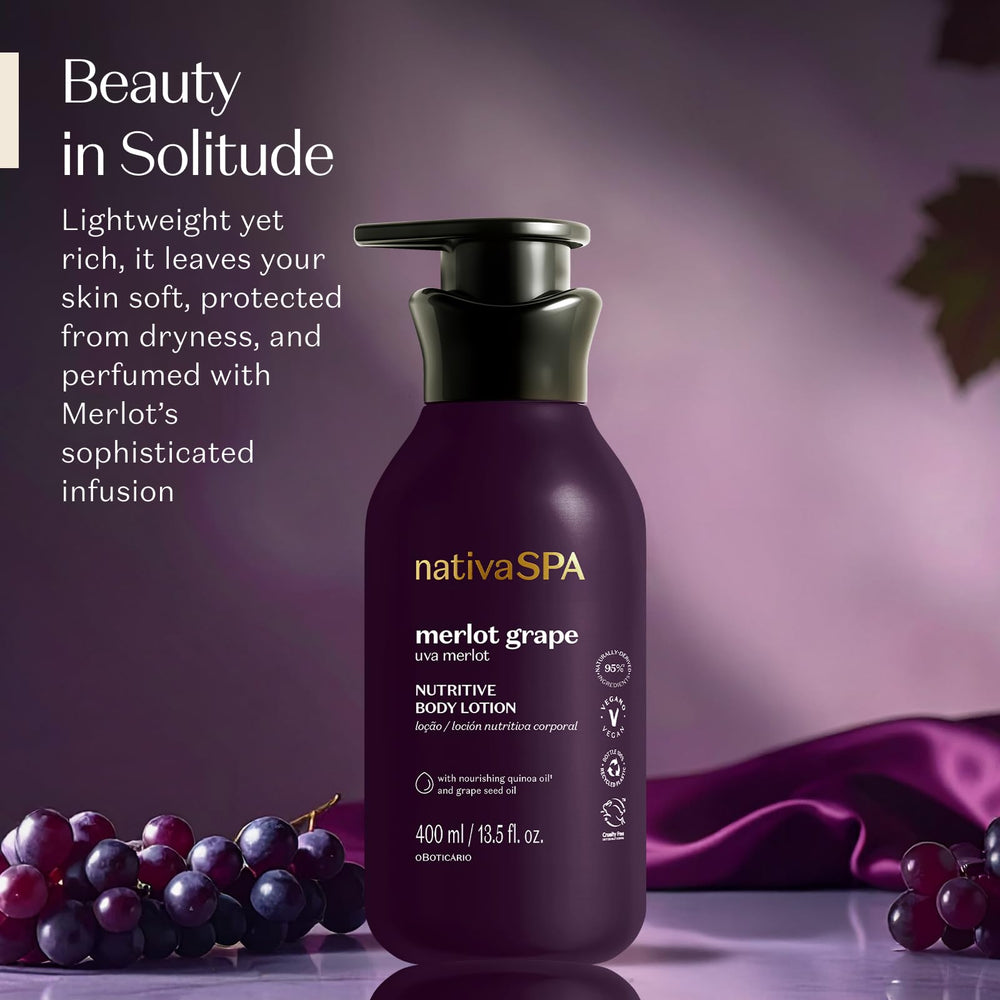 NATIVA SPA Merlot Grape lotion packaging highlights vegan, cruelty-free origins