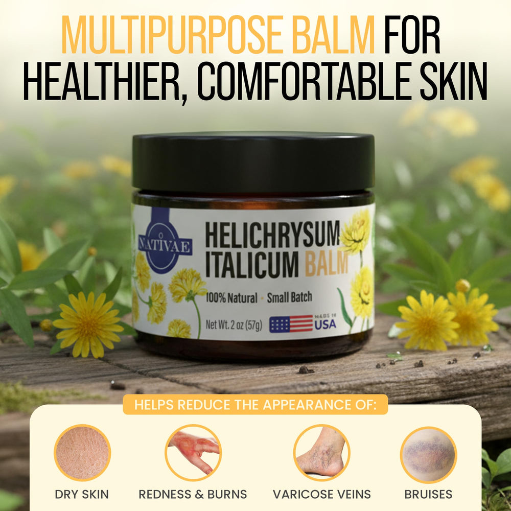 Applying Nativae Helichrysum Balm to skin for gentle soothing.