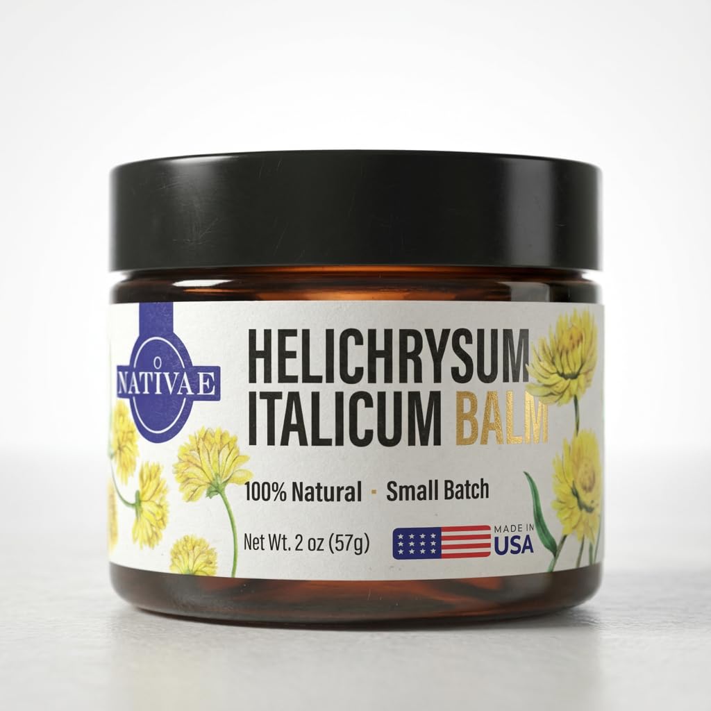 Nativae Helichrysum Balm bottle close-up showing silky texture for soothing skin.