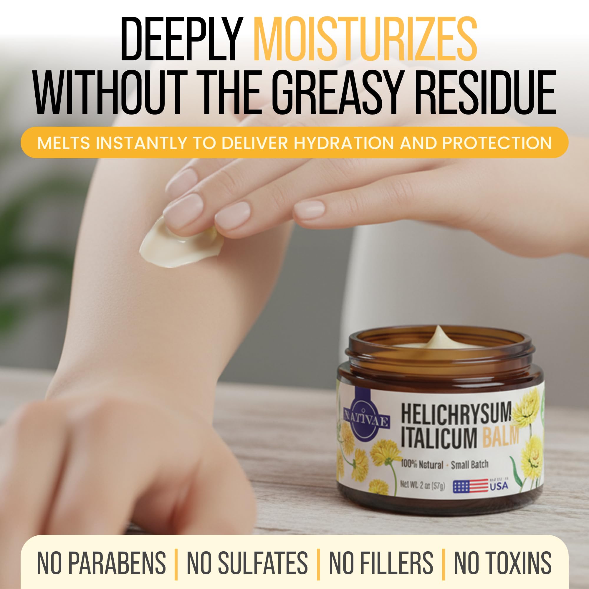 Nativae Helichrysum Balm on hands and face, showcasing versatile daily care.