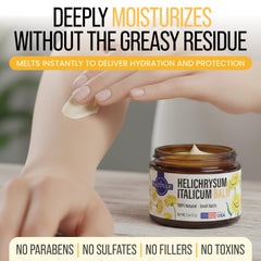 Nativae Helichrysum Balm on hands and face, showcasing versatile daily care.