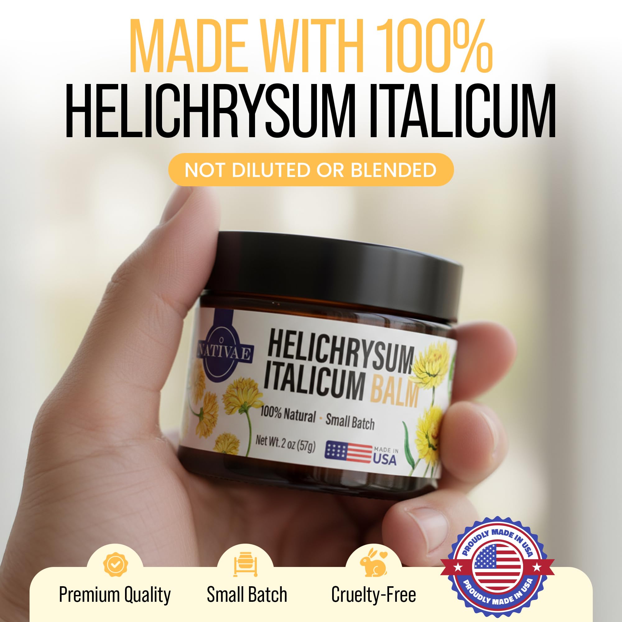 Ingredient panel of Nativae Helichrysum Balm featuring Italicum oil and beeswax.