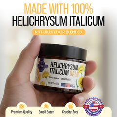 Ingredient panel of Nativae Helichrysum Balm featuring Italicum oil and beeswax.