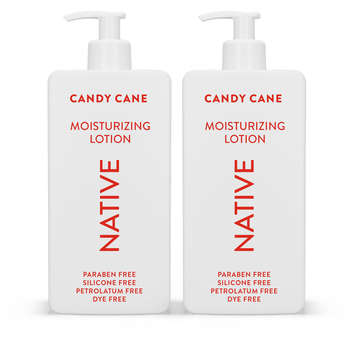 Native Candy Cane body lotion bottle showing rich hydration for dry skin.