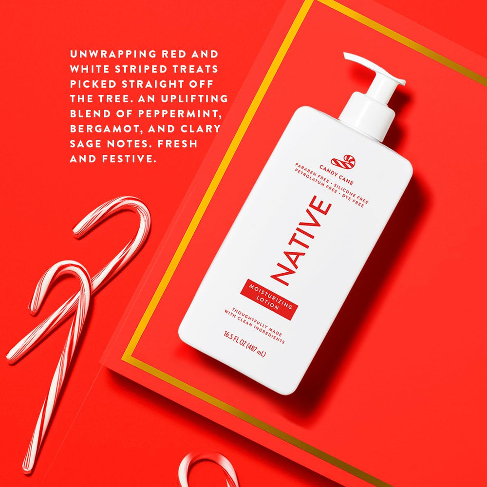 Native Candy Cane lotion pump dispensing formula for quick, non-greasy absorption.