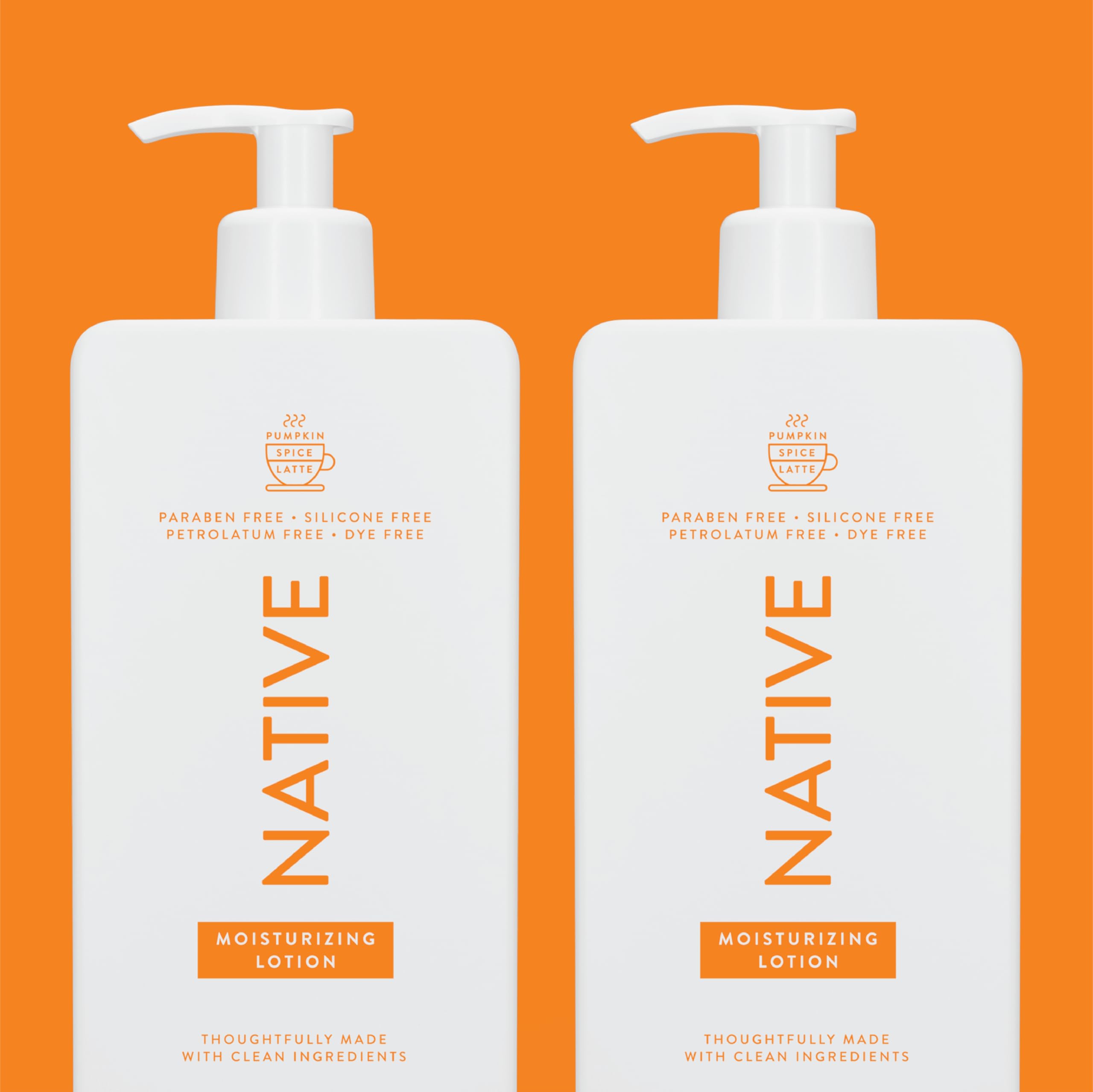 Native Body Lotion 2-pack display emphasizes seasonal pumpkin spice scent and bundle value.