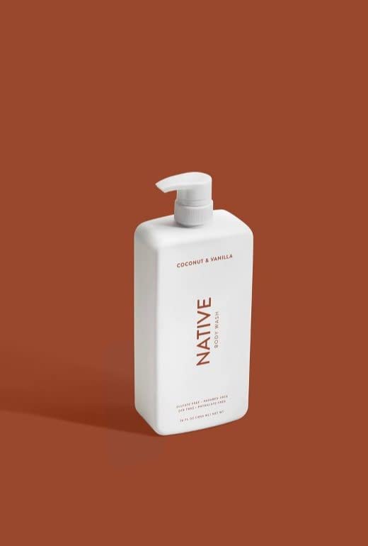 Native Body Wash Coconut Vanilla label close-up showing premium ingredients and scent notes.