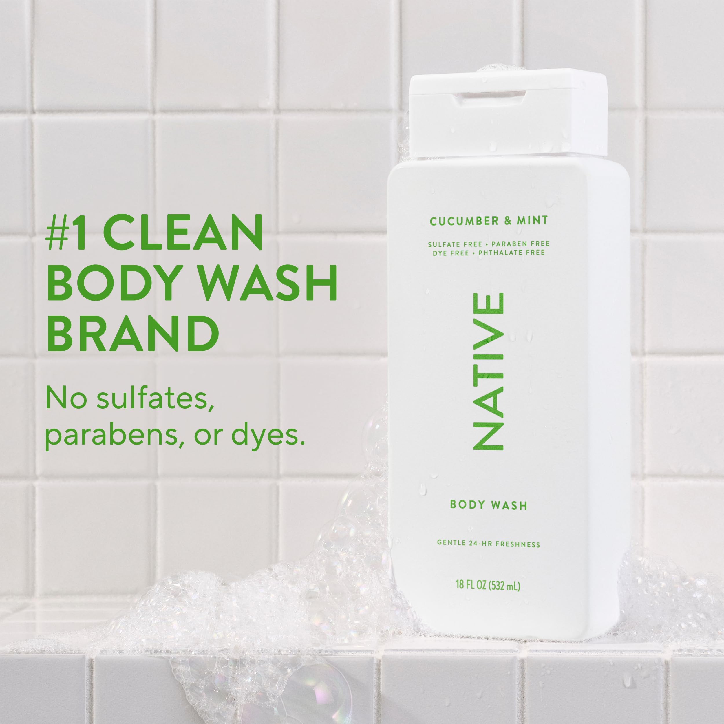 Native Body Wash cucumber mint rich lather emphasizing a luxurious shower experience