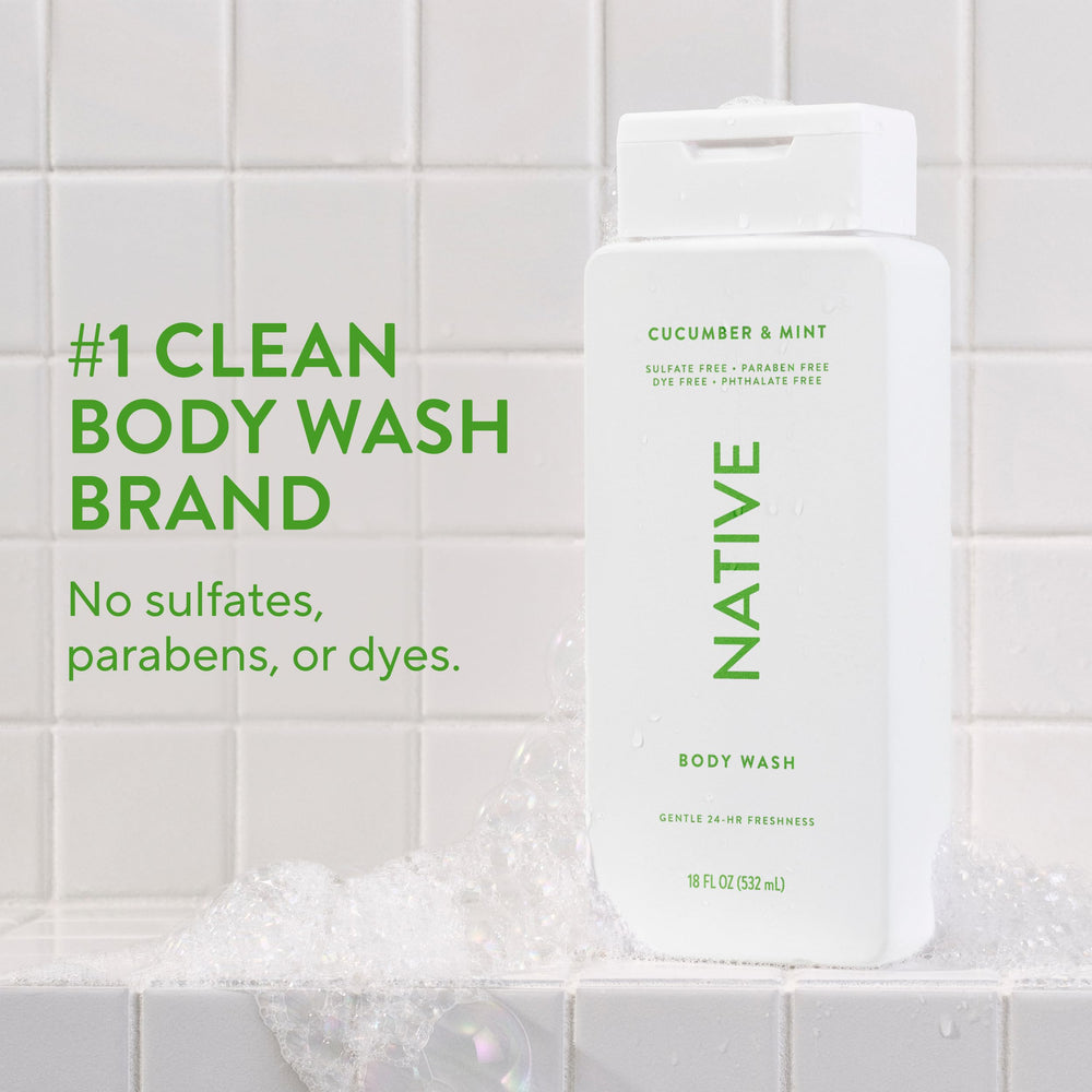 Native Body Wash cucumber mint rich lather emphasizing a luxurious shower experience