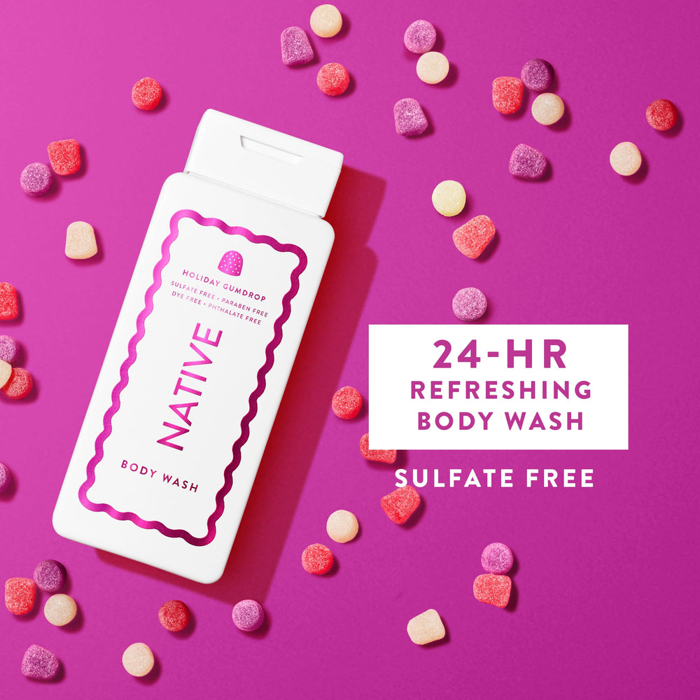 Native Body Wash Candy Cane lather close-up—crisp, refreshing scent during showers.
