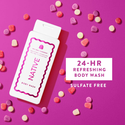 Native Body Wash Candy Cane lather close-up—crisp, refreshing scent during showers.