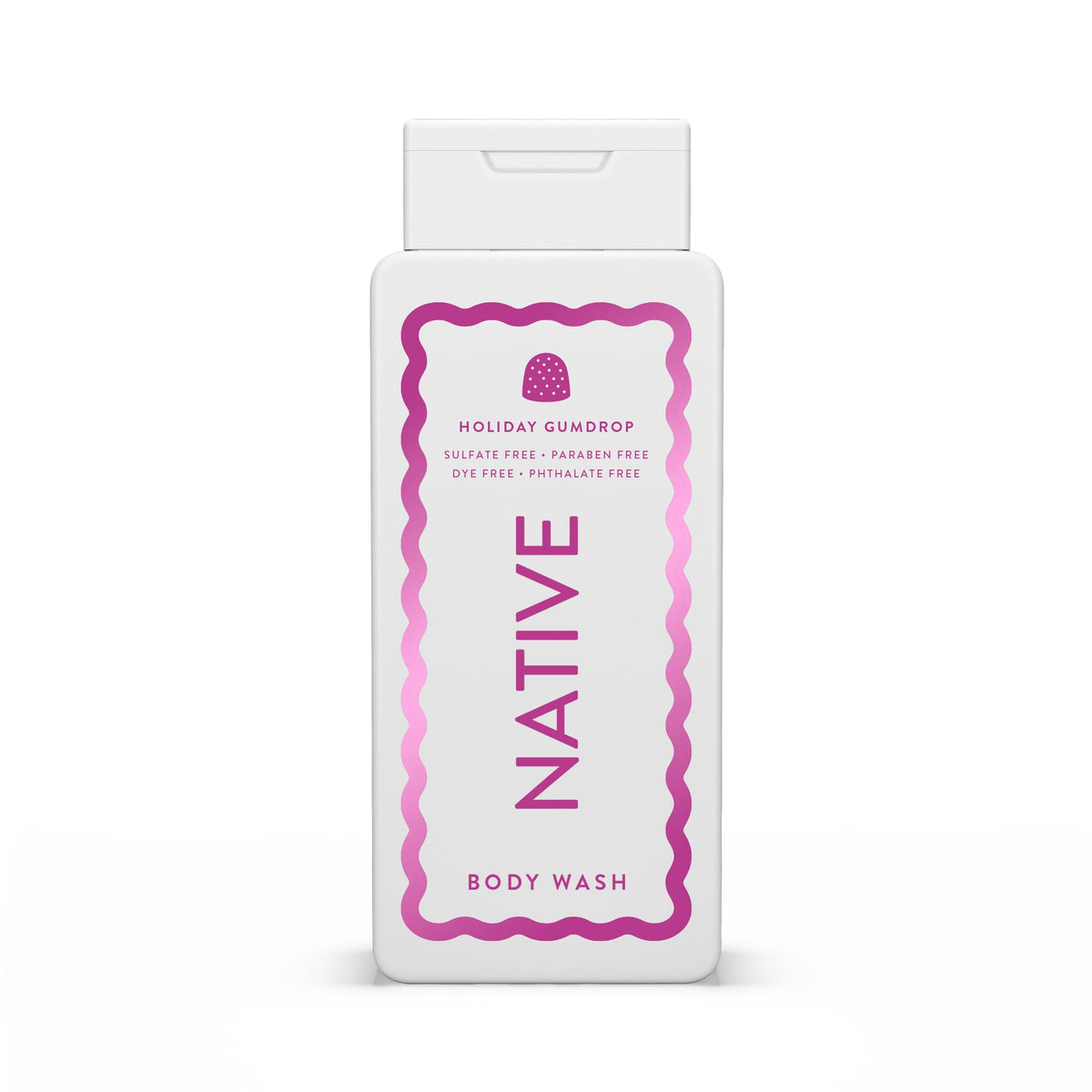 Native Body Wash Holiday Edition Gumdrop bottle pour—hydrating, skin-softening cleanse.
