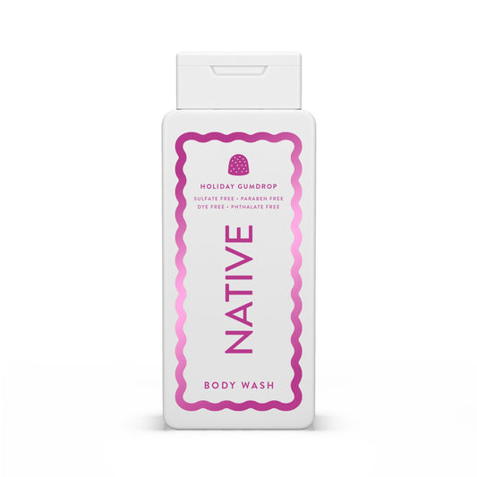 Native Body Wash Holiday Edition Gumdrop bottle pour—hydrating, skin-softening cleanse.
