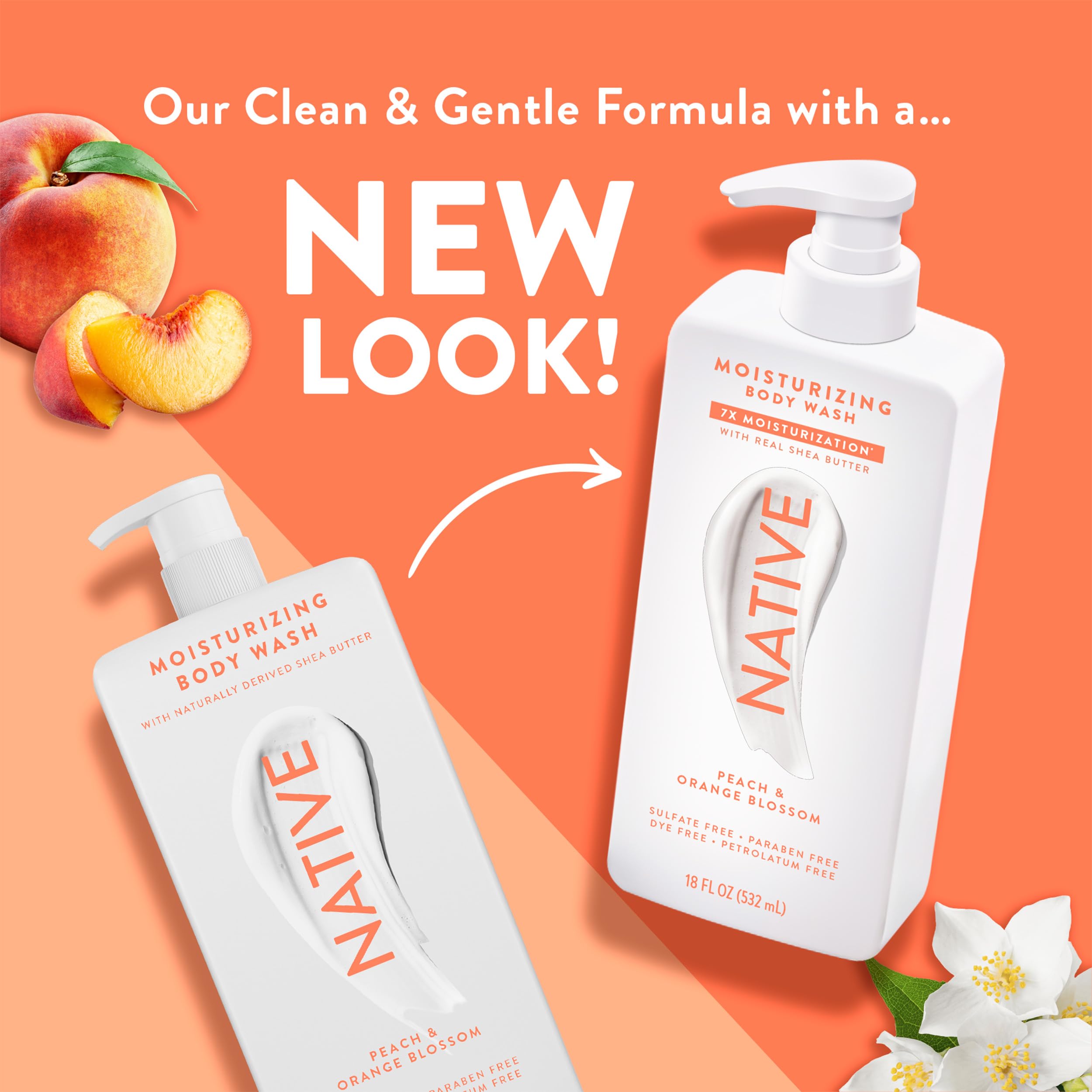 Native body wash Peach Orange Blossom scent evokes refreshing shower experience
