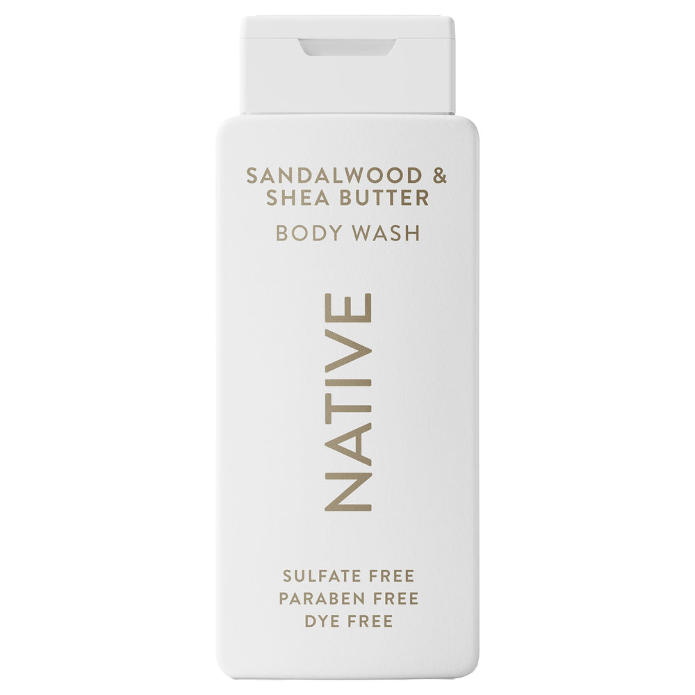 Native Body Wash sandalwood bottle pour for a refreshing, soothing shower.