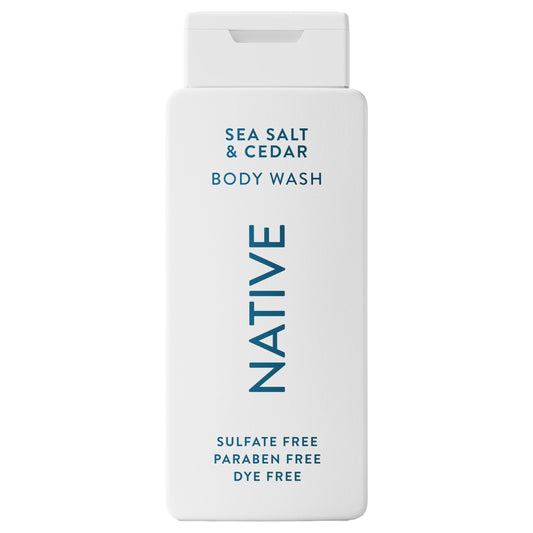 Native Body Wash sea salt cedar bottle highlighting hydrating, plant-based cleanse.
