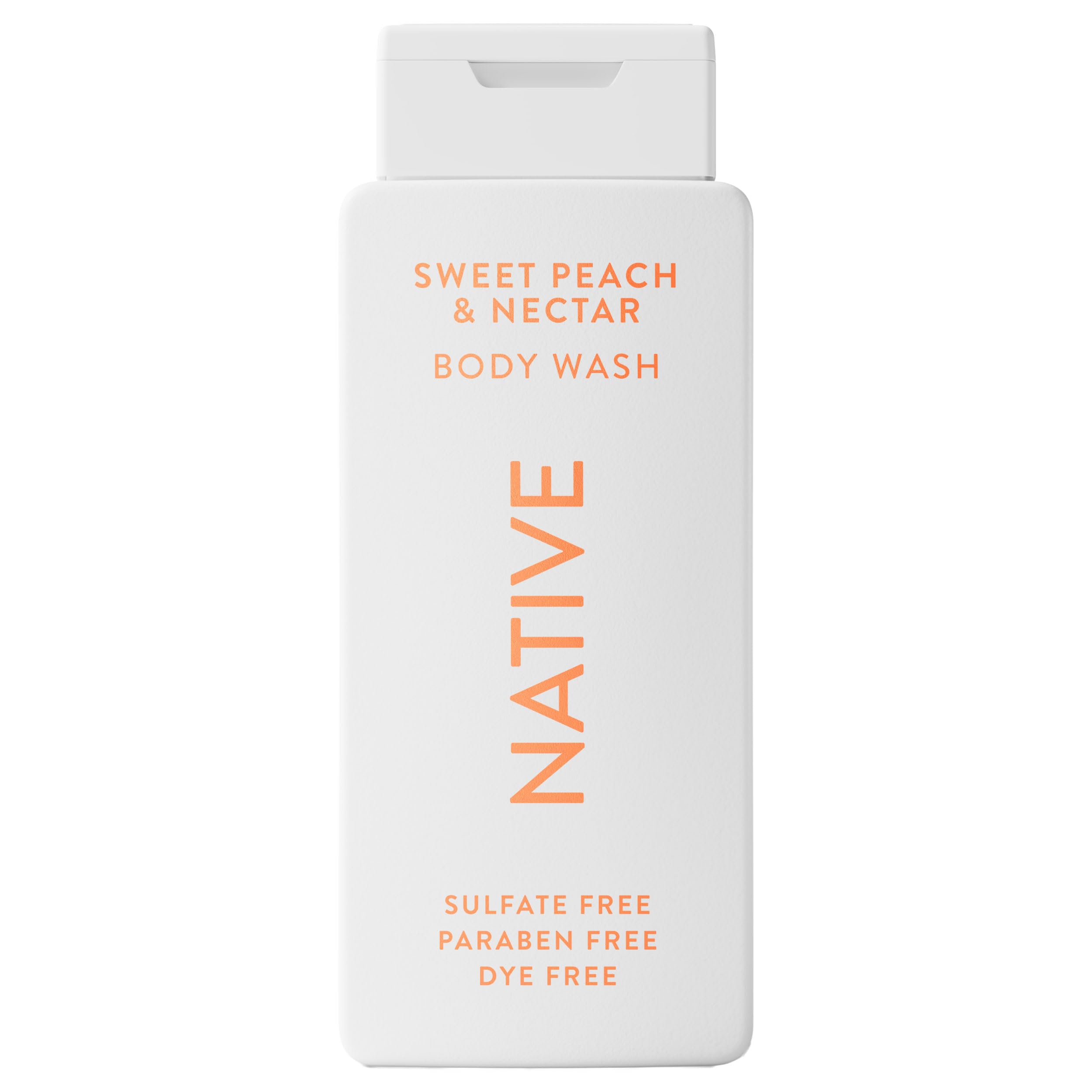Native Body Wash Sweet Peach Nectar bottle in a clean bathroom for a refreshing daily cleanse.