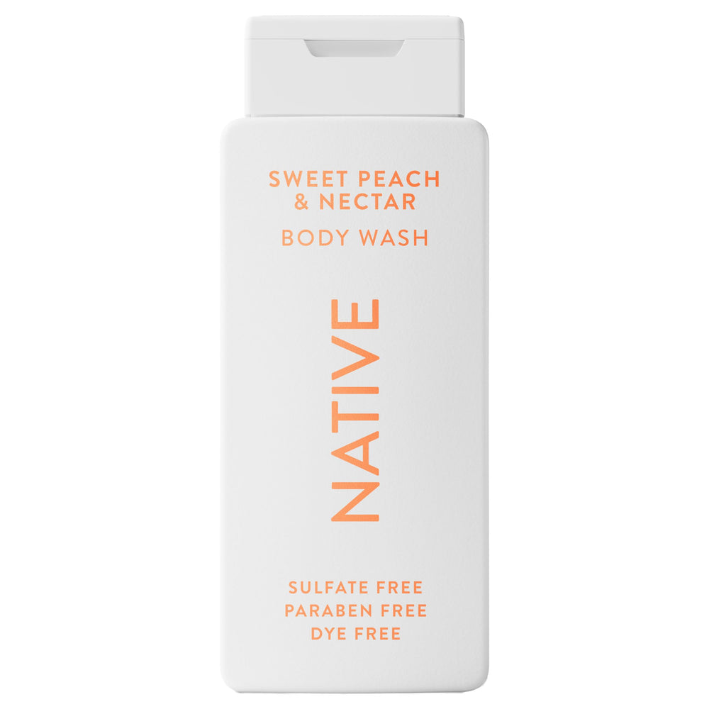 Native Body Wash Sweet Peach Nectar bottle in a clean bathroom for a refreshing daily cleanse.