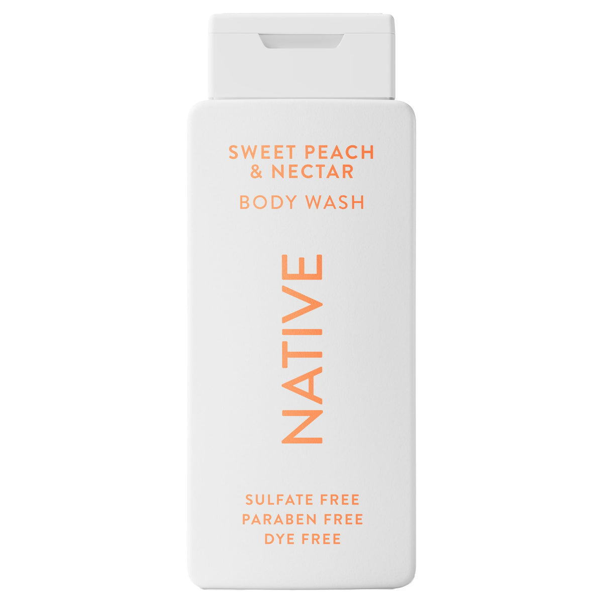 Native Body Wash Sweet Peach Nectar bottle in a clean bathroom for a refreshing daily cleanse.