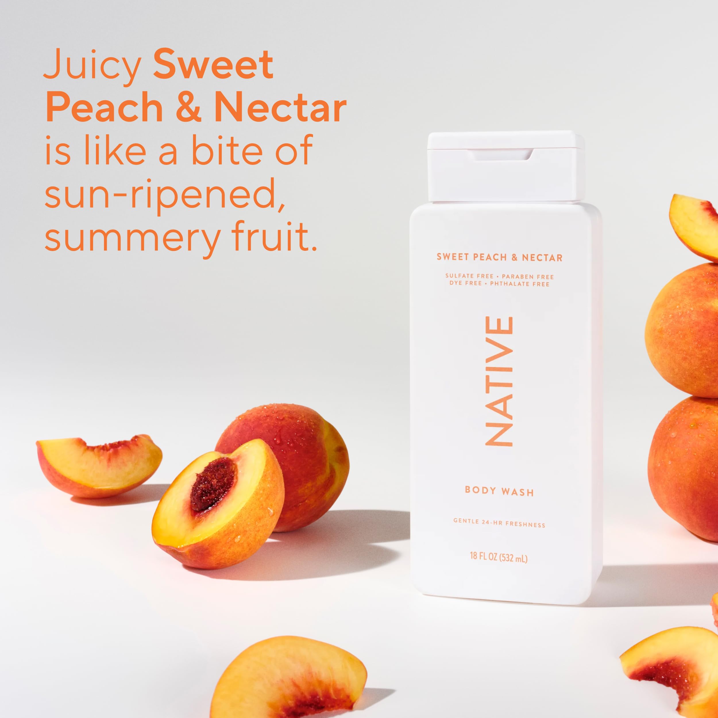 Native Body Wash Sweet Peach Nectar scent swirl for uplifting shower.