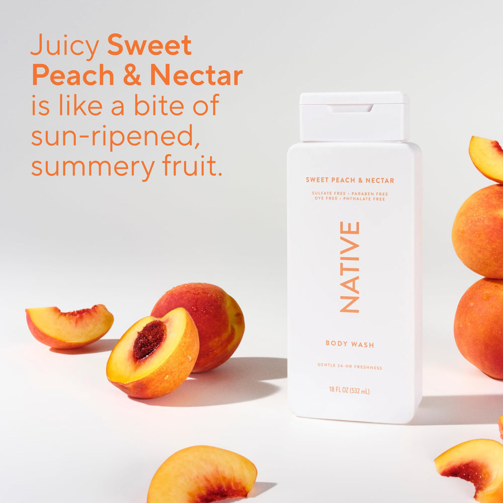 Native Body Wash Sweet Peach Nectar scent swirl for uplifting shower.