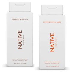 Native Body Wash Twin Pack bottle pouring Coconut & Vanilla for a refreshing, hydrating cleanse.