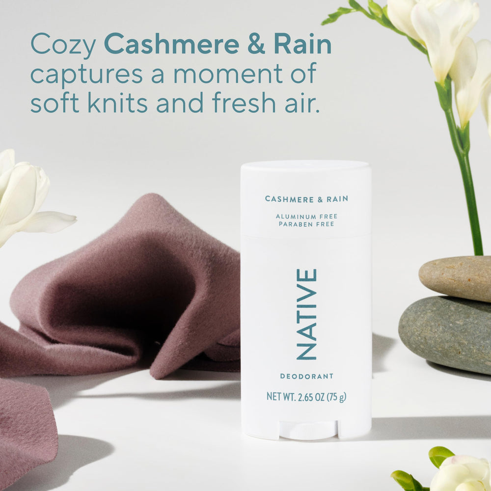 Ingredient panel of Native Cashmere & Rain highlighting aluminum-free formula