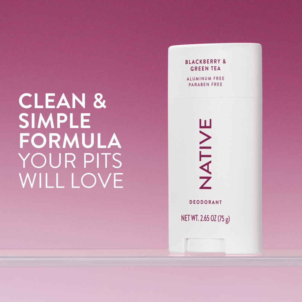 Native deodorant packaging front highlights aluminum-free design for daily freshness.
