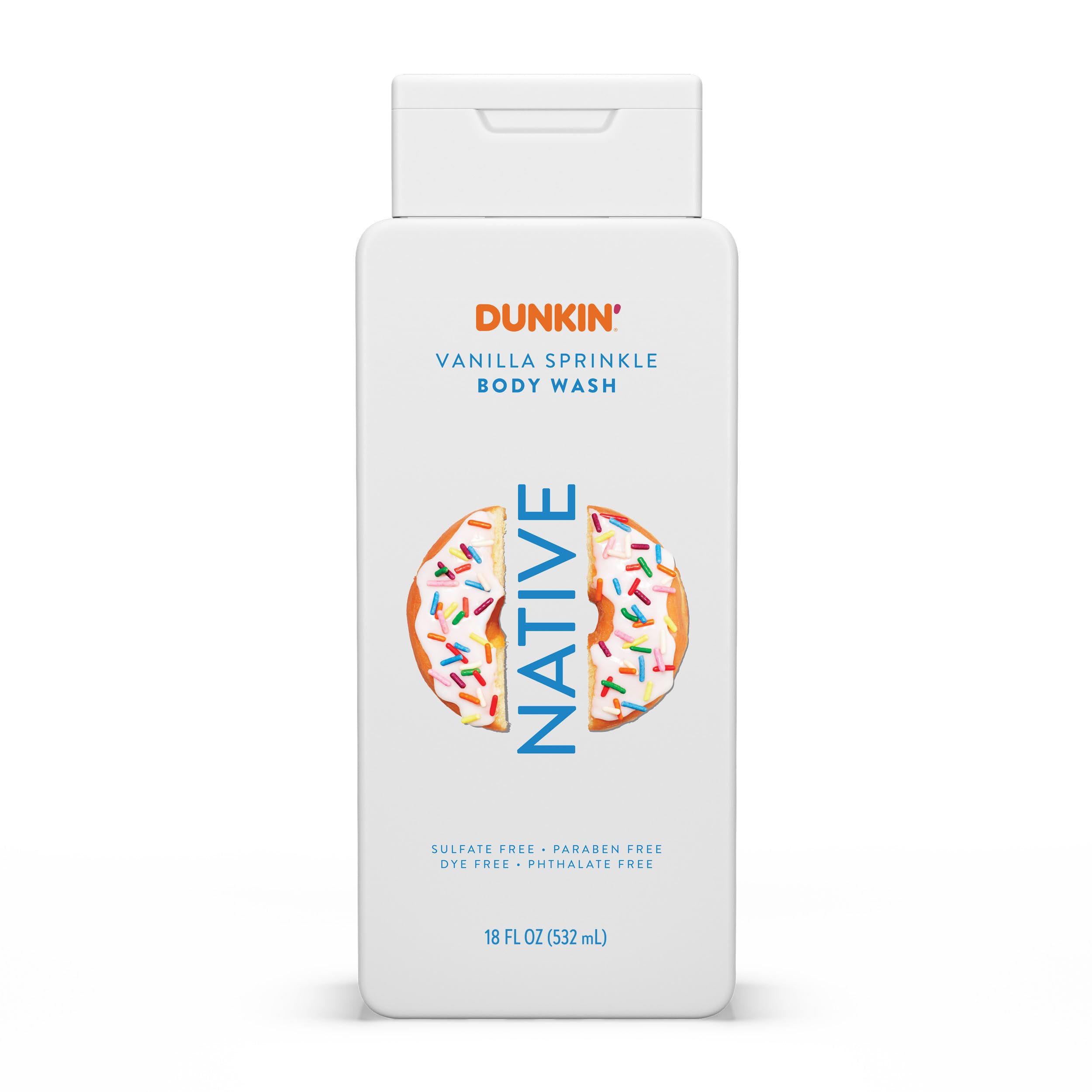Native Dunkin Vanilla Sprinkle bottle front showing inviting fragrance for a refreshing shower