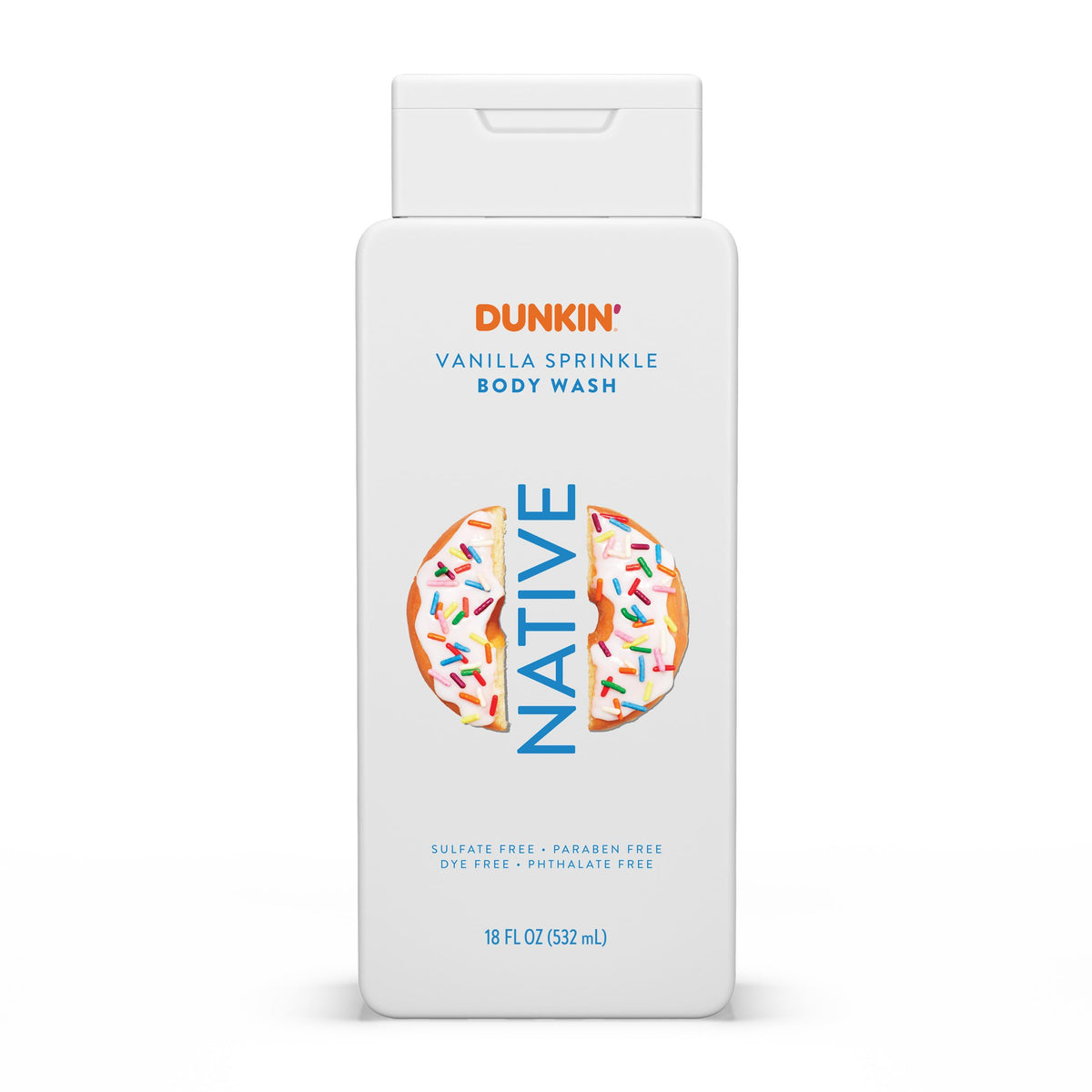 Native Dunkin Vanilla Sprinkle bottle front showing inviting fragrance for a refreshing shower