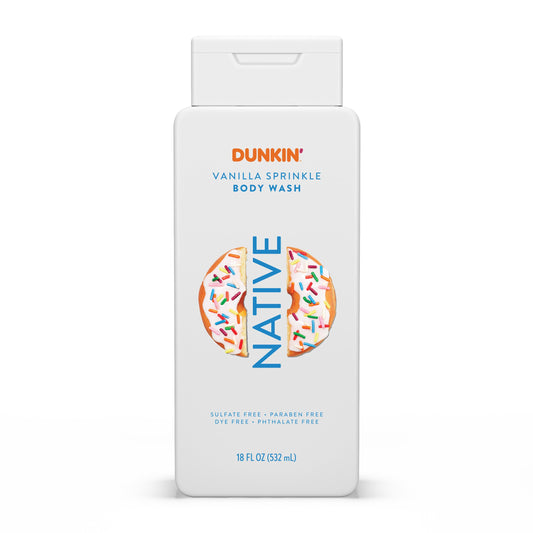Native Dunkin Vanilla Sprinkle bottle front showing inviting fragrance for a refreshing shower