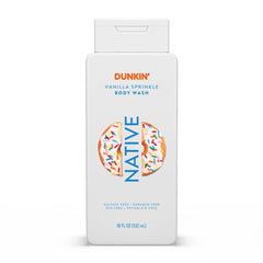 Native Dunkin Vanilla Sprinkle bottle front showing inviting fragrance for a refreshing shower